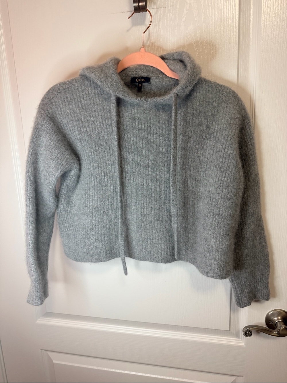 Quince Light Gray Cropped Cowl Hoodie Sweater